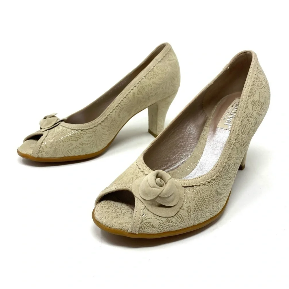 Beautifeel Glasgow peep toe pumps cream spark lacy suede